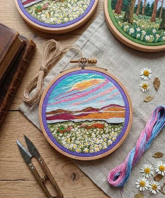 Hand Embroidered Landscape Hoop Art Colorful Sunset Daisies Nature Wall Decor - image 1