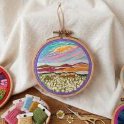 Hand Embroidered Landscape Hoop Art Colorful Sunset Daisies Nature Wall Decor - thumbnail 2
