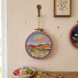 Hand Embroidered Landscape Hoop Art Colorful Sunset Daisies Nature Wall Decor - thumbnail 3