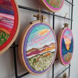 Hand Embroidered Landscape Hoop Art Colorful Sunset Daisies Nature Wall Decor - thumbnail 4