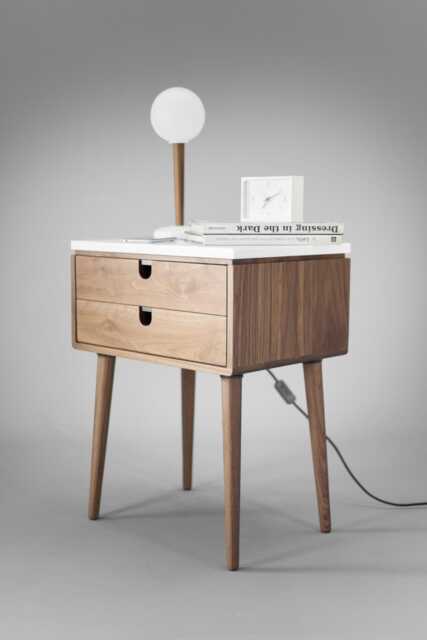Nightstand Bedside Table With Two Drawers in Solid Walnut Wood Board & On Top Carrara Marble - image 1