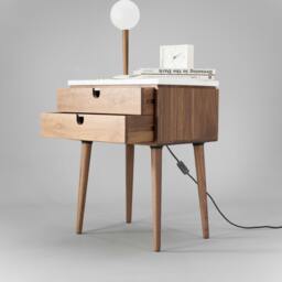 Nightstand Bedside Table With Two Drawers in Solid Walnut Wood Board & On Top Carrara Marble - thumbnail 3
