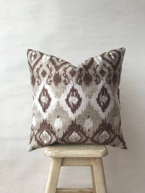 Brown Ivory Ikat Throw Pillow Cover , Modern Interior Accent Designer Fabric Toss Ikat Couch Case Gift For Her - image 1