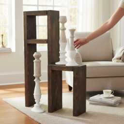 Side Table & Stool Made Of Wood, Brown - thumbnail 2