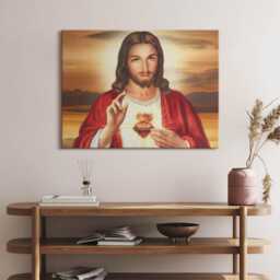 The Heart Of Jesus At Sunset Canvas, Wall Art Picture, Brown Decoration, People Canvas - thumbnail 3