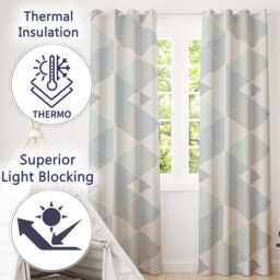 Scandi Neutral Blue Triangle Blackout Curtains Geometric Nordic Eyelet Thermal Drapes Beige Navy Minimalist Bedroom Living Room Window Decor - thumbnail 2