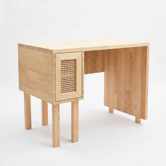 Solid Pinewood Desk With Rattan Cabinet, Mid-Century Modern Home Office Workstation - image 1