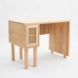 Solid Pinewood Desk With Rattan Cabinet, Mid-Century Modern Home Office Workstation