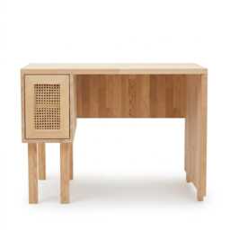 Solid Pinewood Desk With Rattan Cabinet, Mid-Century Modern Home Office Workstation - thumbnail 3