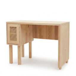 Solid Pinewood Desk With Rattan Cabinet, Mid-Century Modern Home Office Workstation - thumbnail 4