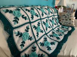 Aqua Blue Rose & Teal Afghan Throw Crocheted Blanket - thumbnail 1