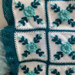 Aqua Blue Rose & Teal Afghan Throw Crocheted Blanket - thumbnail 3