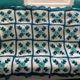 Aqua Blue Rose & Teal Afghan Throw Crocheted Blanket - thumbnail 2