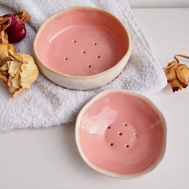 Handmade Pink & White Round Ceramic Soap Dish, Pastel Pottery Holder, Bathroom Accessory - image 1