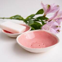 Handmade Pink & White Round Ceramic Soap Dish, Pastel Pottery Holder, Bathroom Accessory - thumbnail 3