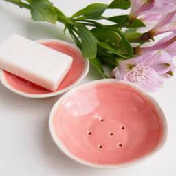 Handmade Pink & White Round Ceramic Soap Dish, Pastel Pottery Holder, Bathroom Accessory - thumbnail 2