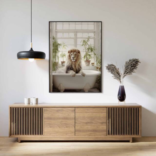 Lion in Tub Wall Art, Bathroom Art Print, Funny Bathing, Animal Bathtub - image 1