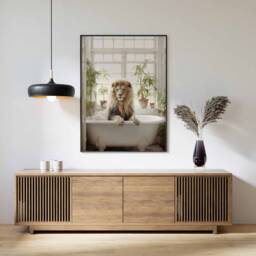 Lion in Tub Wall Art, Bathroom Art Print, Funny Bathing, Animal Bathtub - thumbnail 1