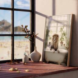Lion in Tub Wall Art, Bathroom Art Print, Funny Bathing, Animal Bathtub - thumbnail 3