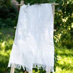 White Wedding Rushnyk Towel With White Embroidery, Traditional Slavic Embroidered Flowers & Birds, Ukrainian