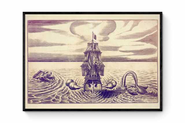 Sea Monsters Attacking A Sailing Ship Antique Print - Dated 1684 Reproduction Available Framed - image 1