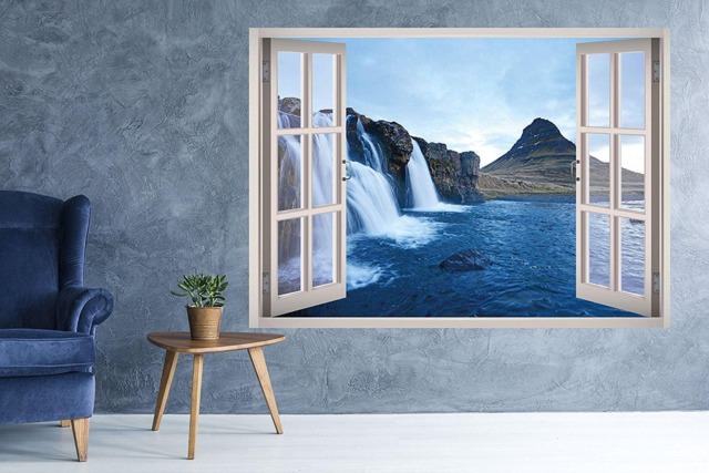 Land Of Waterfalls View Window 3D Wall Decal Art Removable Wallpaper Nature Mural Decor - image 1