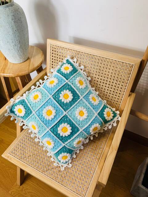 Handmade Granny Square Daisy Pillow Cover, Crochet Floral Cushion - image 1