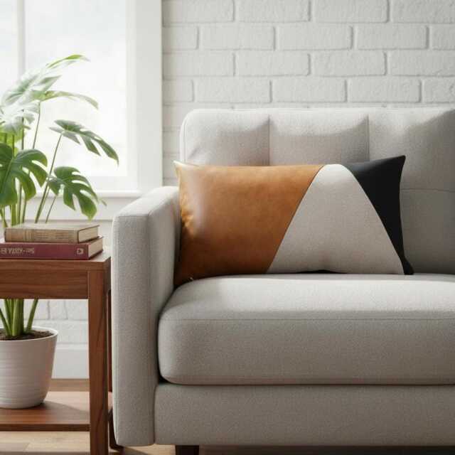 Modern Living Room Pillow - Camel Faux Leather & Black Fabric Color Block Sofa Cover - image 1