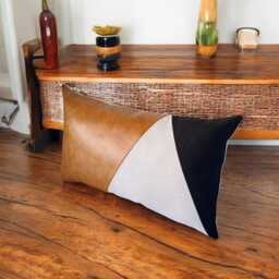 Modern Living Room Pillow - Camel Faux Leather & Black Fabric Color Block Sofa Cover - thumbnail 2