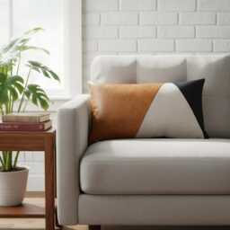 Modern Living Room Pillow - Camel Faux Leather & Black Fabric Color Block Sofa Cover - thumbnail 1