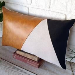 Modern Living Room Pillow - Camel Faux Leather & Black Fabric Color Block Sofa Cover - thumbnail 3