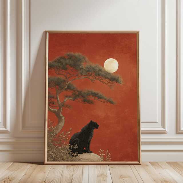 Black Panther Art Print, Japanese Moonlit Landscape Poster, Minimal Wildlife Decor - image 1