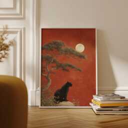 Black Panther Art Print, Japanese Moonlit Landscape Poster, Minimal Wildlife Decor - thumbnail 3