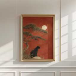 Black Panther Art Print, Japanese Moonlit Landscape Poster, Minimal Wildlife Decor - thumbnail 2
