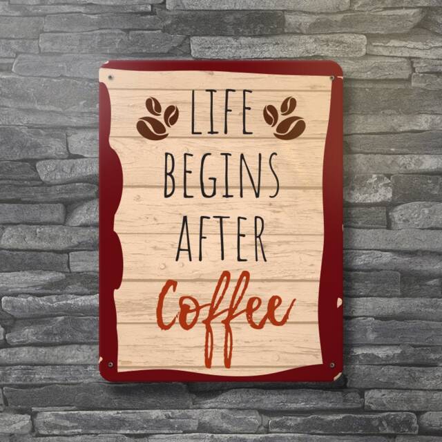 Life Begins After Coffee Metal Wall Sign - Fun Barista Cafe Modern Home Kitchen Decor - image 1