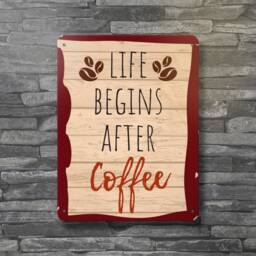 Life Begins After Coffee Metal Wall Sign - Fun Barista Cafe Modern Home Kitchen Decor - thumbnail 1