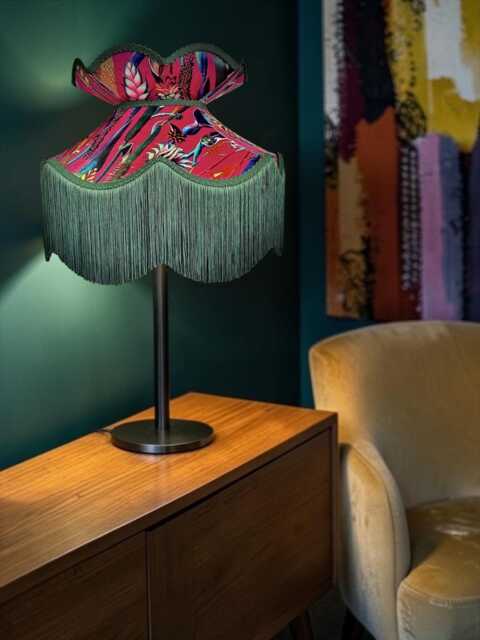 Botanical Cerise Velvet Lampshade Handmade Green Fringe Pendant Shade - image 1