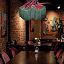 Botanical Cerise Velvet Lampshade Handmade Green Fringe Pendant Shade - thumbnail 2