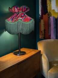 Botanical Cerise Velvet Lampshade Handmade Green Fringe Pendant Shade