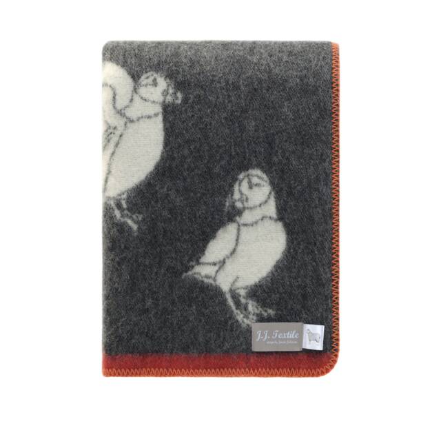Puffin Wool Blanket - Soft Black & Off White Throw For Chair, Bed & Sofa With Red Orange Contrasting Border - image 1
