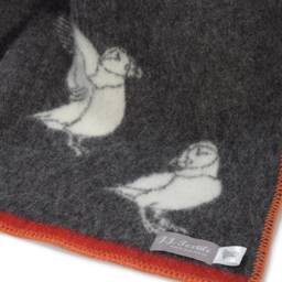 Puffin Wool Blanket - Soft Black & Off White Throw For Chair, Bed & Sofa With Red Orange Contrasting Border - thumbnail 3