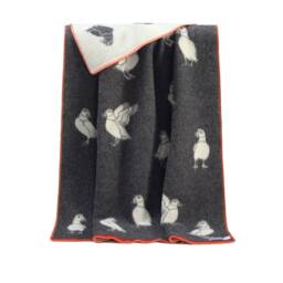 Puffin Wool Blanket - Soft Black & Off White Throw For Chair, Bed & Sofa With Red Orange Contrasting Border - thumbnail 2