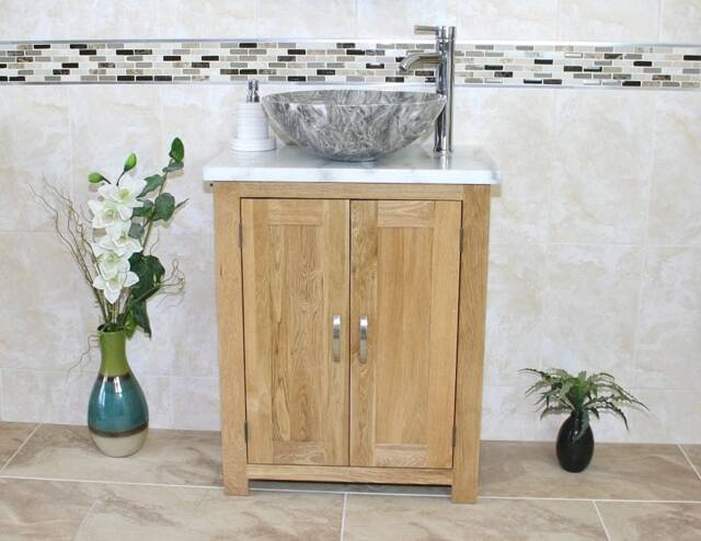 Solid Oak Bathroom Vanity Unit - White Marble Top Basin Choice 310Wmsbc - image 1