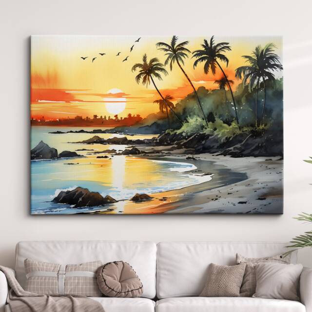Sunset Beach Palm Trees Landscape Abstract Watercolor Painting Style Wall Art Framed Canvas Poster Print Home Kitchen Living Room Decor Gift - image 1