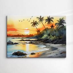 Sunset Beach Palm Trees Landscape Abstract Watercolor Painting Style Wall Art Framed Canvas Poster Print Home Kitchen Living Room Decor Gift - thumbnail 3