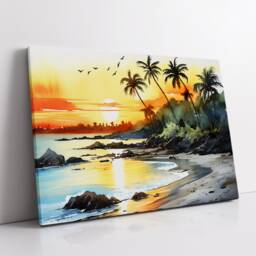 Sunset Beach Palm Trees Landscape Abstract Watercolor Painting Style Wall Art Framed Canvas Poster Print Home Kitchen Living Room Decor Gift - thumbnail 2