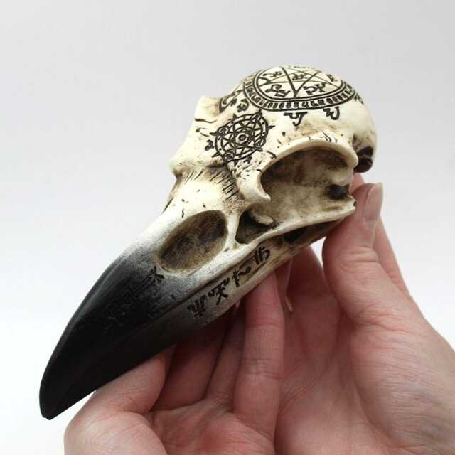 Hand-Cast Raven Skull Figurine Magic Symbols, Runes, Pagan Decor - image 1