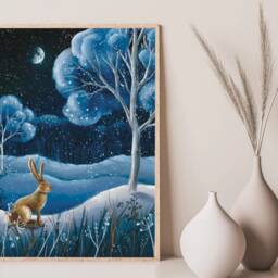 A4 A5 Original Art Print - Winter Forest Hare Art Cute Rabbit Whimsical Fantasy Poster Rabbit Serenum - thumbnail 3