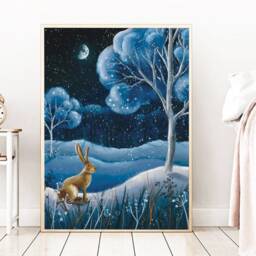 A4 A5 Original Art Print - Winter Forest Hare Art Cute Rabbit Whimsical Fantasy Poster Rabbit Serenum - thumbnail 4