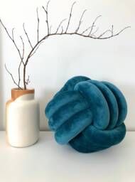 Teal Knot Pillow, Large Velvet Cushion, Decorative Ball Pillow